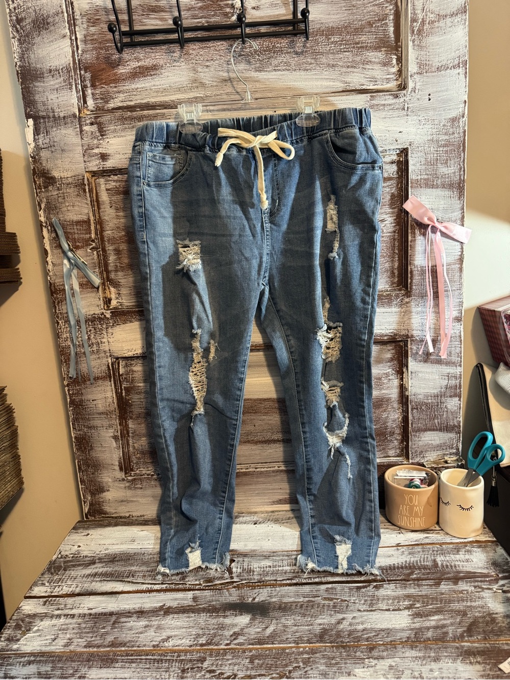 American Bazi Distressed Blue Denim Jeggings with Drawstring